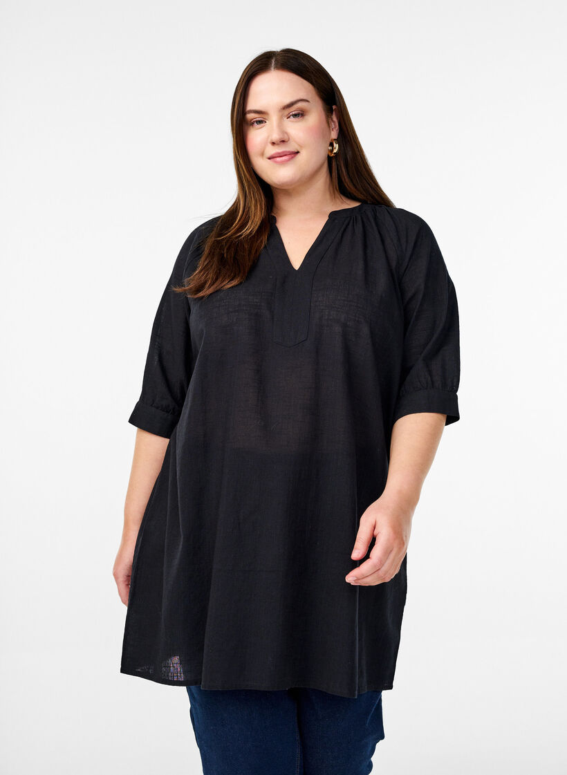 Cotton tunic with a V-neck, Black, Model image number 0