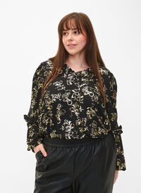 Long-sleeved blouse with frills and foil print, Black Foil AOP, Model