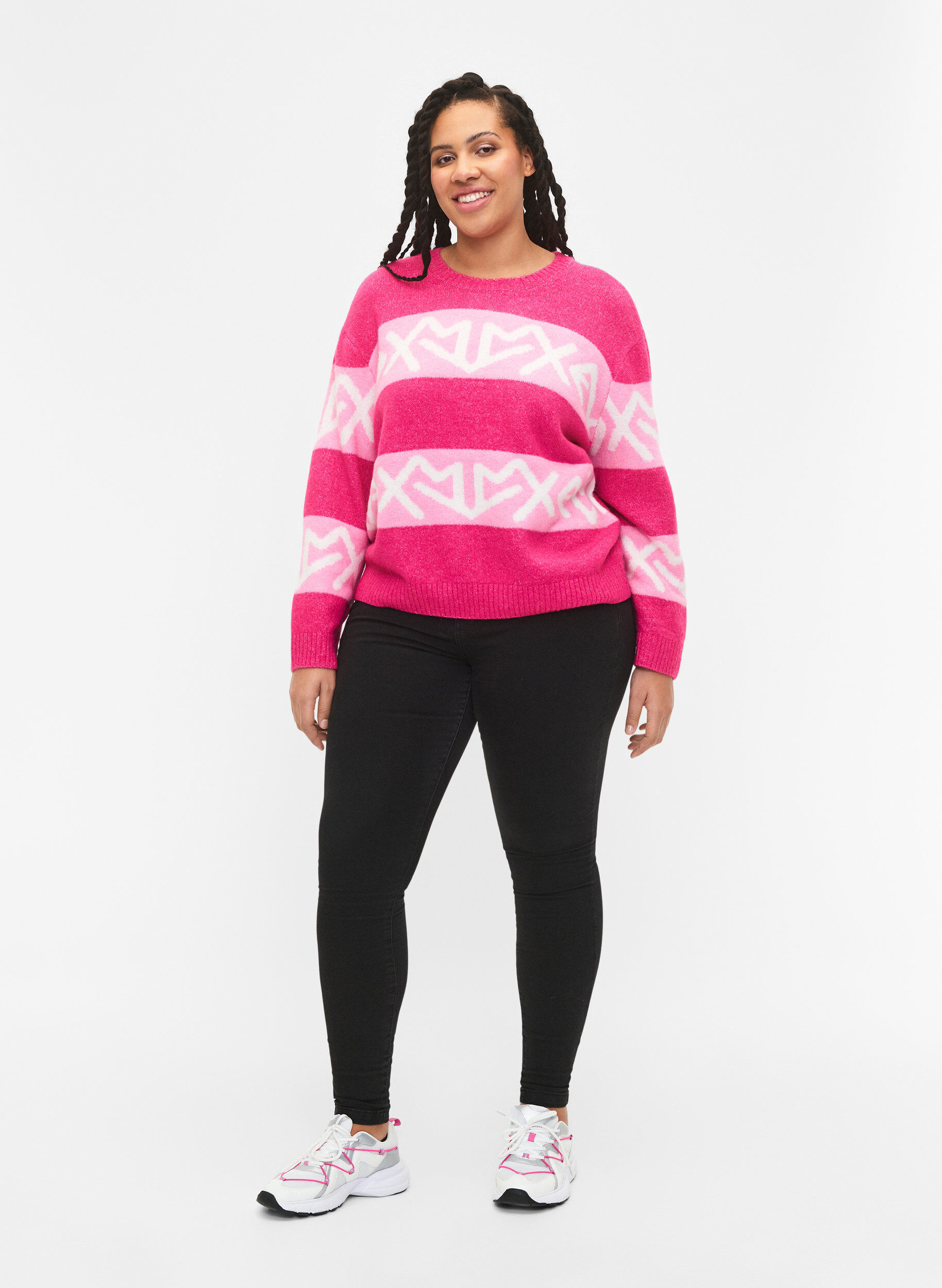 Zizzifashion Striped knit sweater with graphic pattern, Raspberry Rose Comb, Model image number 2