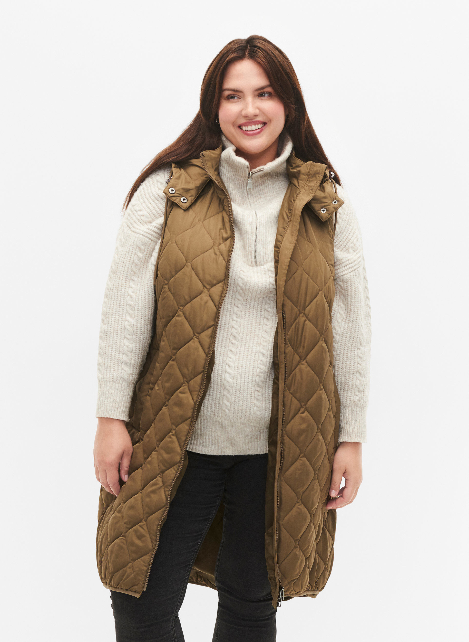 Zizzifashion Long quilted vest with zipper and pockets, Bungee Cord , Model image number 0