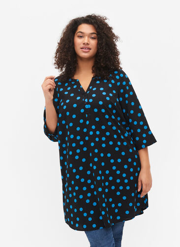 Tunic with dots and 3/4 sleeves, Black Blue Dot, Model image number 0