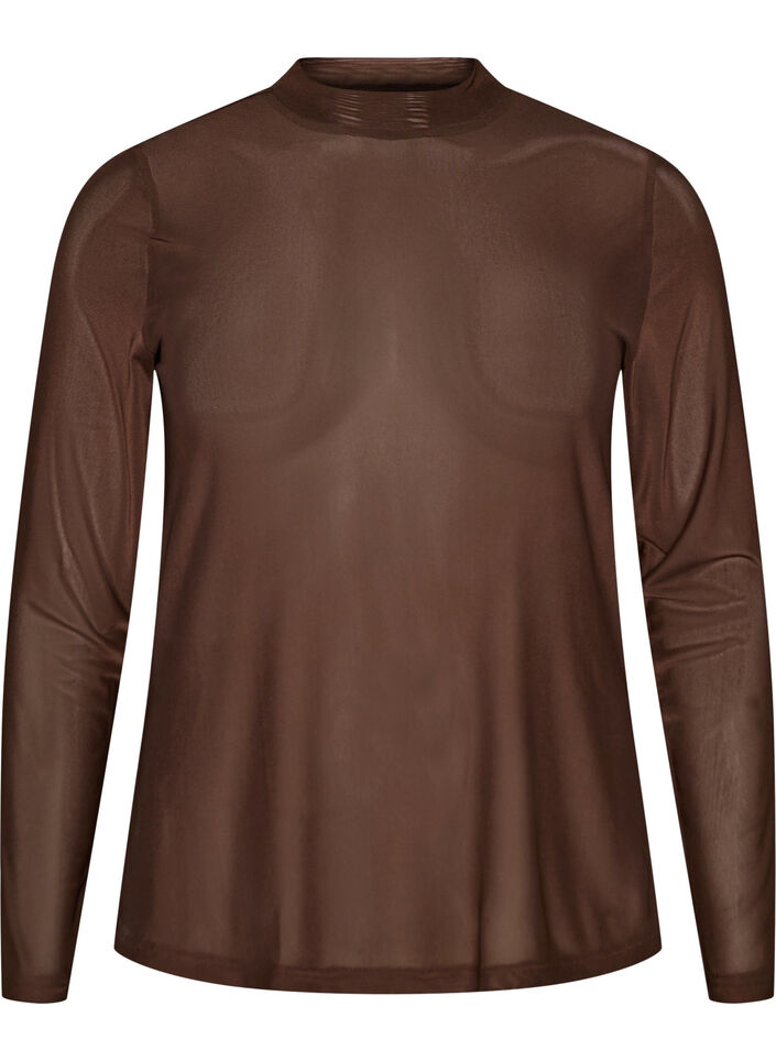 Fitted mesh blouse with long sleeves, Brown, Packshot image number 0