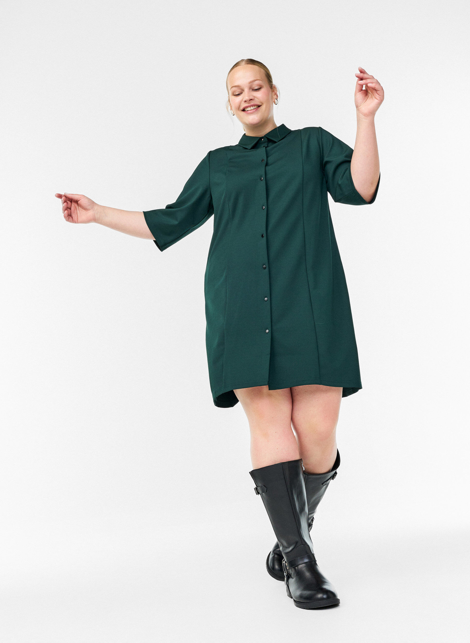Zizzifashion Short shirt dress with 3/4 sleeves, Green, Image image number 0