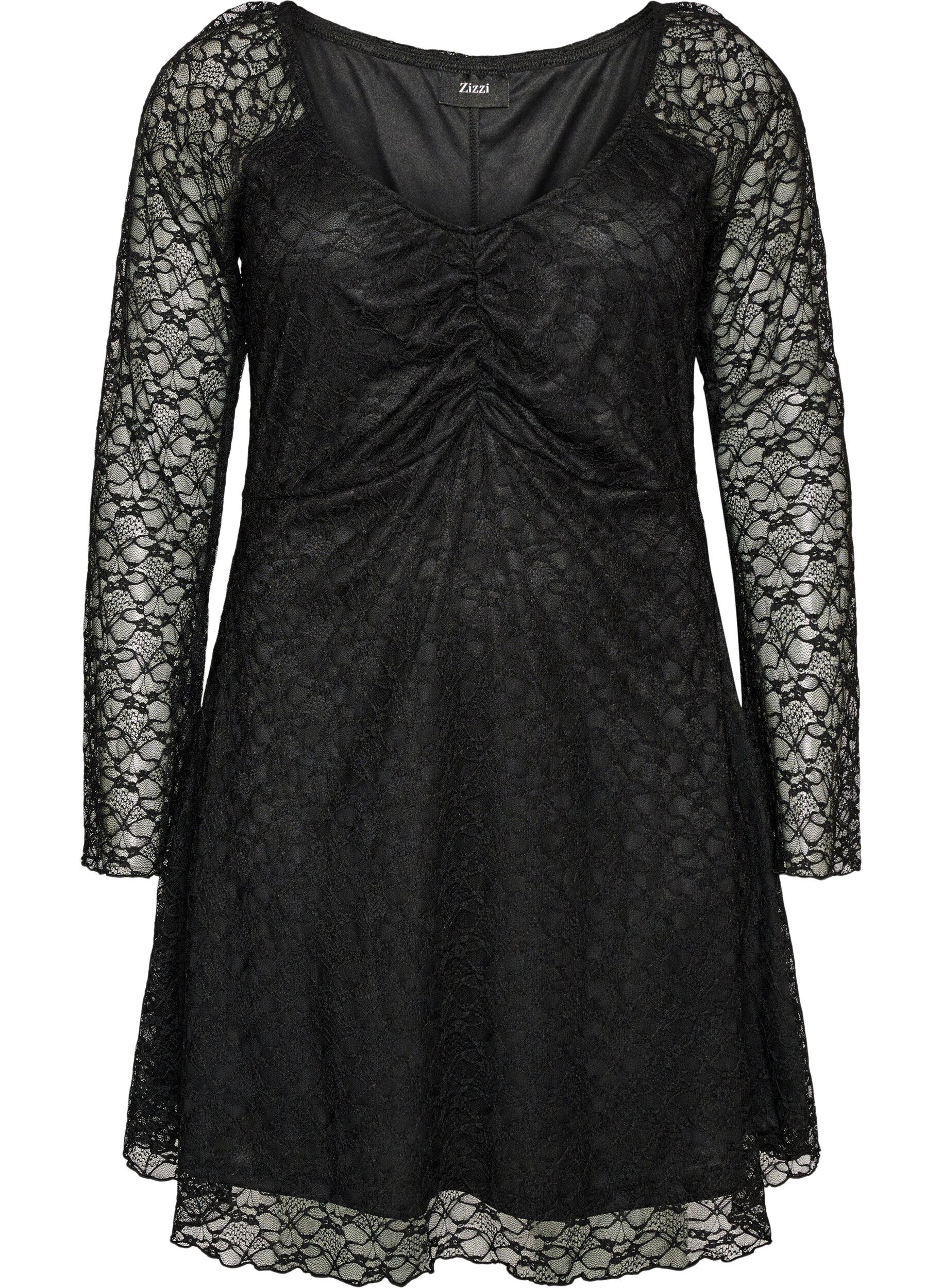 Lace dress with trumpet sleeves and an A-line shape