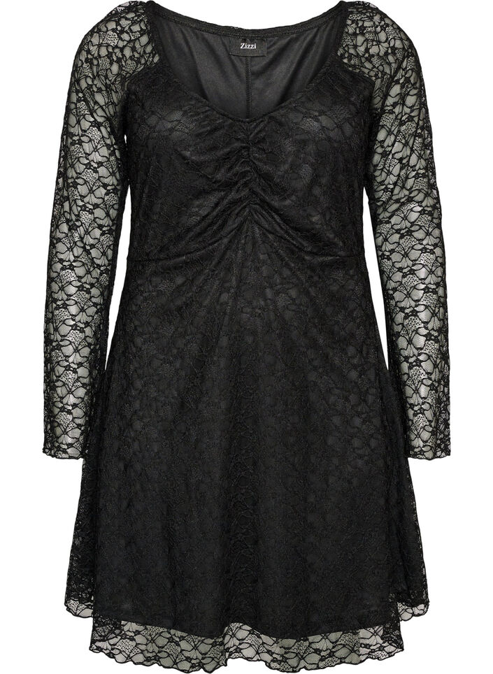 Lace dress with trumpet sleeves and an A-line shape, Black, Packshot image number 0