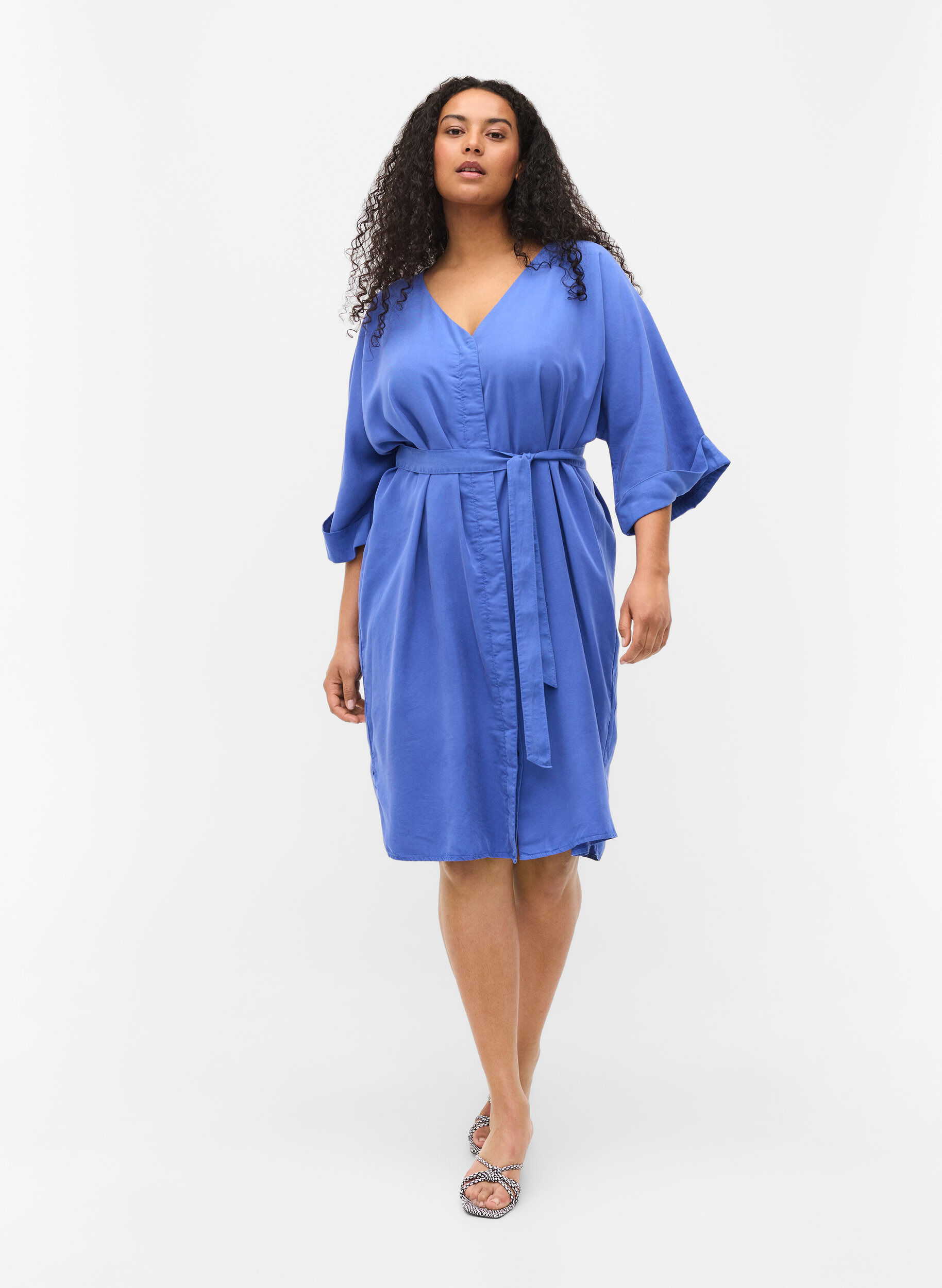 ZizzifashionDress with 3/4 sleeves and tie-belt, Blue, Model image number 1