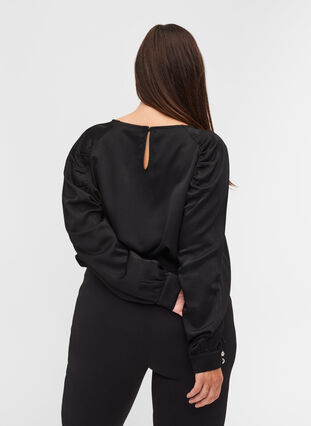 Long-sleeved blouse with wrinkle detail, Black, Model image number 1