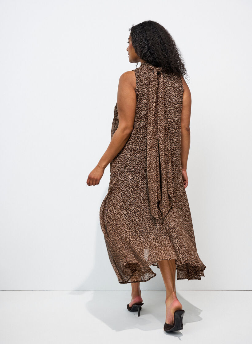 Midi dress in chiffon with leopard print and a tie-waist, Brown, Model image number 1
