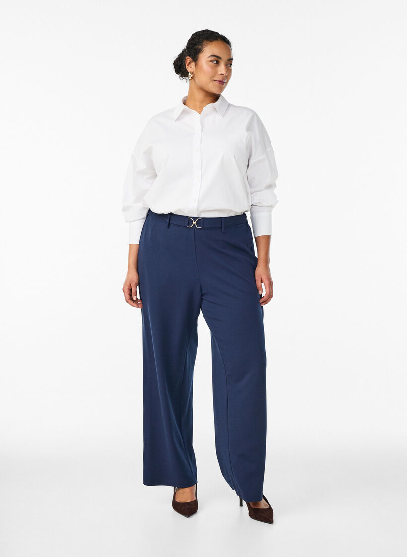High-waisted trousers with belt detail and gold buckle, Blue, Model image number 0