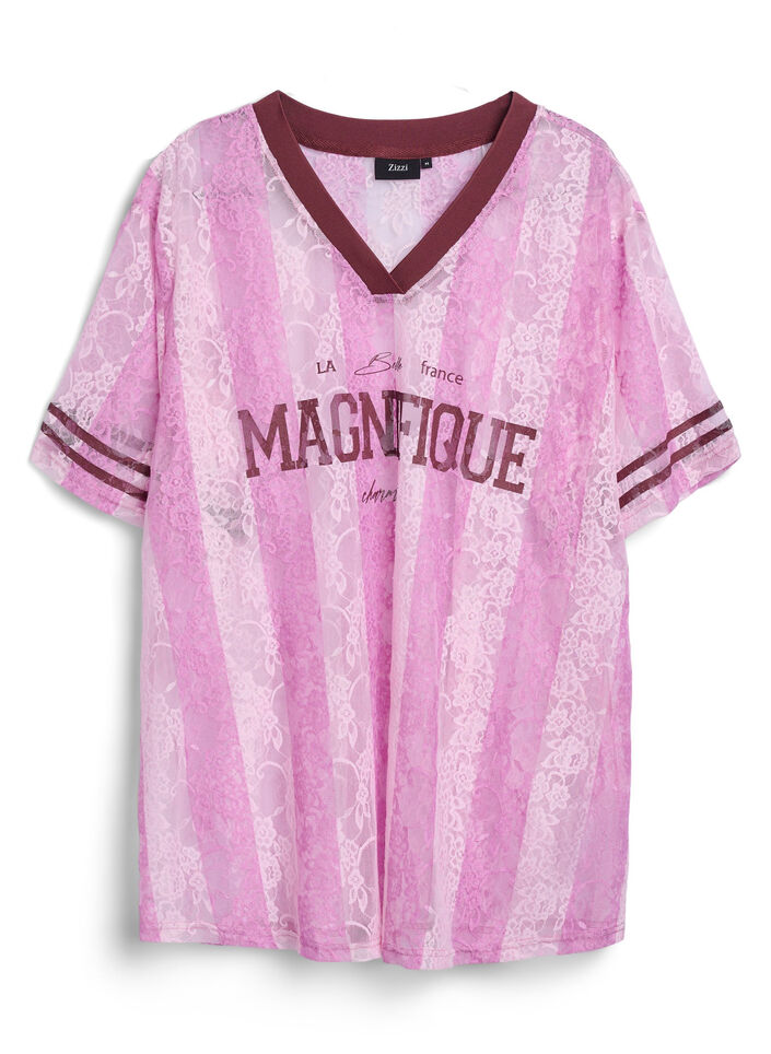 Striped lace blouse with statement print, Rose, Packshot image number 0