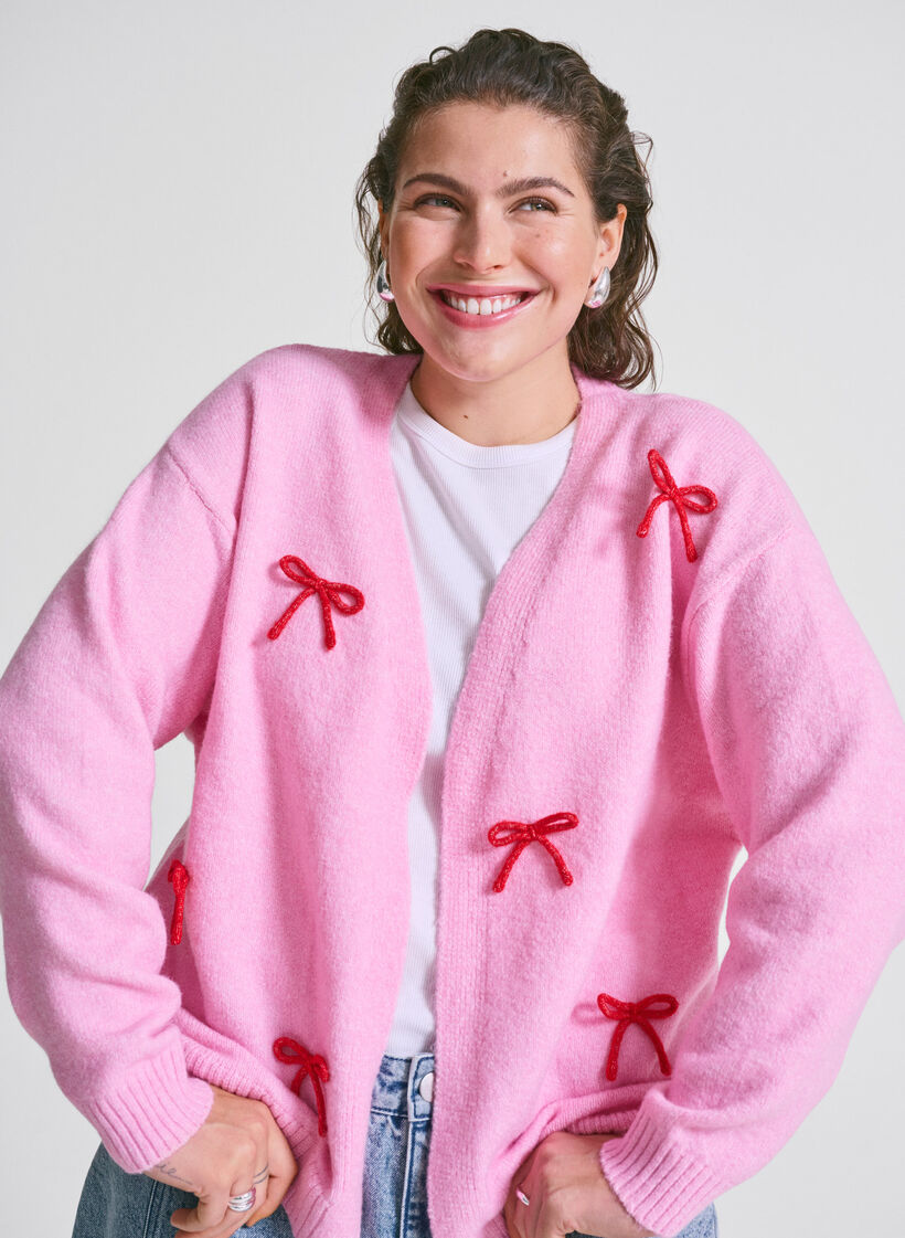Short knitted cardigan with bows, Begonia Pink Comb, Image image number 0