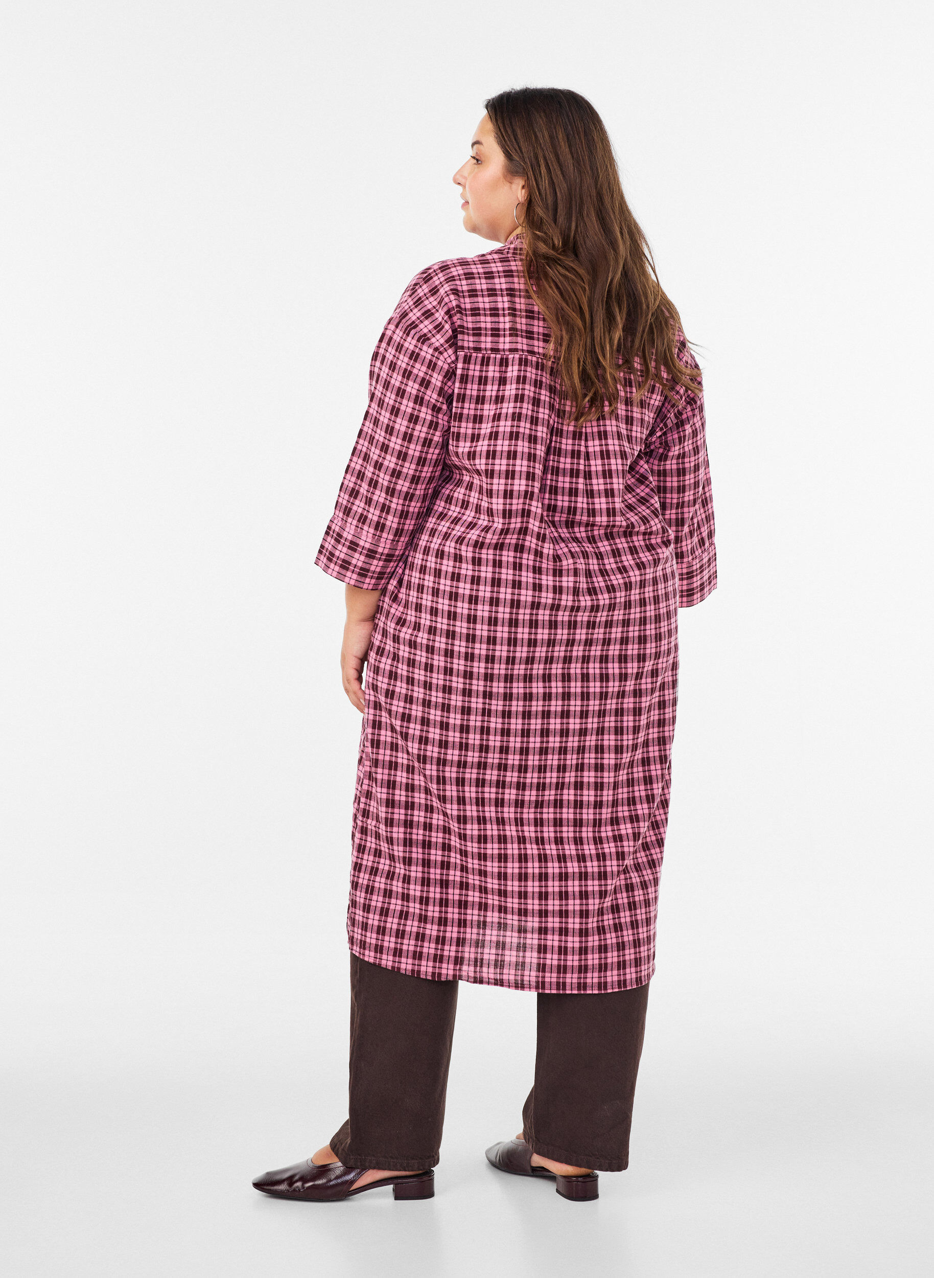 ZizzifashionLong checked shirt with 3/4 sleeves, Pink, Model image number 1