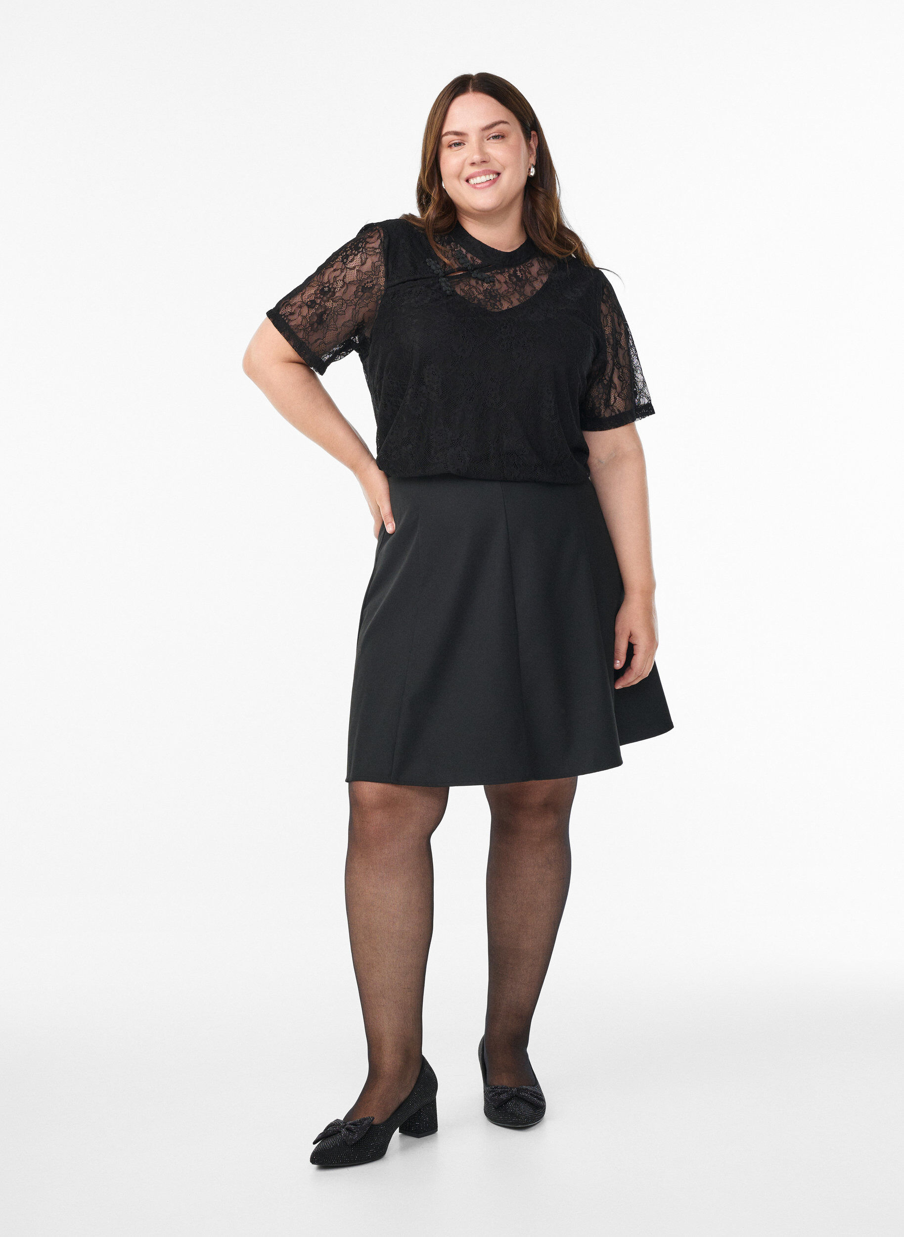 Zizzifashion Lace blouse with twist detail and short sleeves, Black, Model image number 1