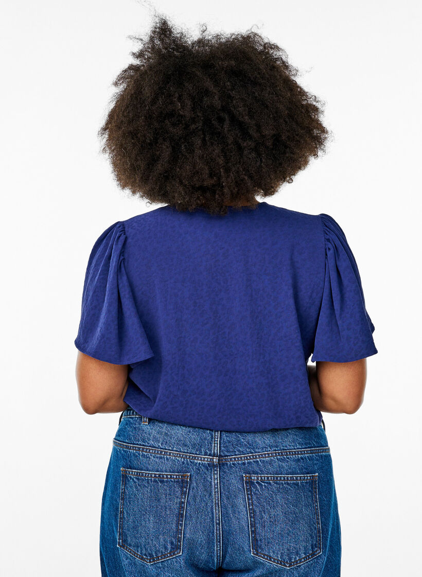 Blouse with short ruffle sleeves and V-neck, Blue, Model image number 2