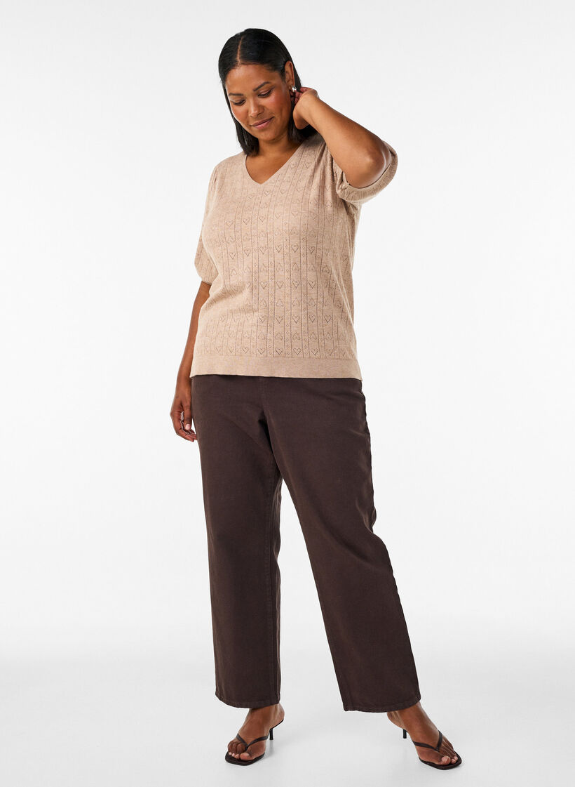 Short-sleeved knit blouse with a pointelle pattern, Beige, Model image number 1