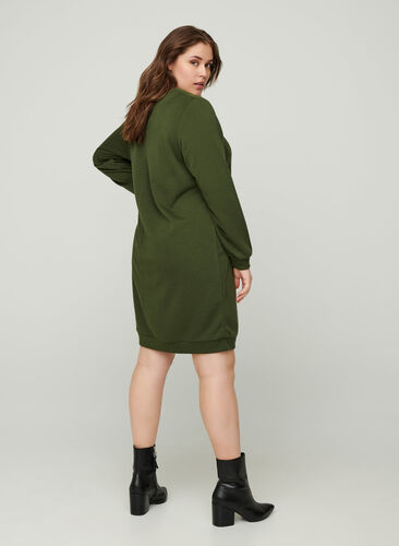 Sweat dress with V-neck, Khaki Green , Model image number 1