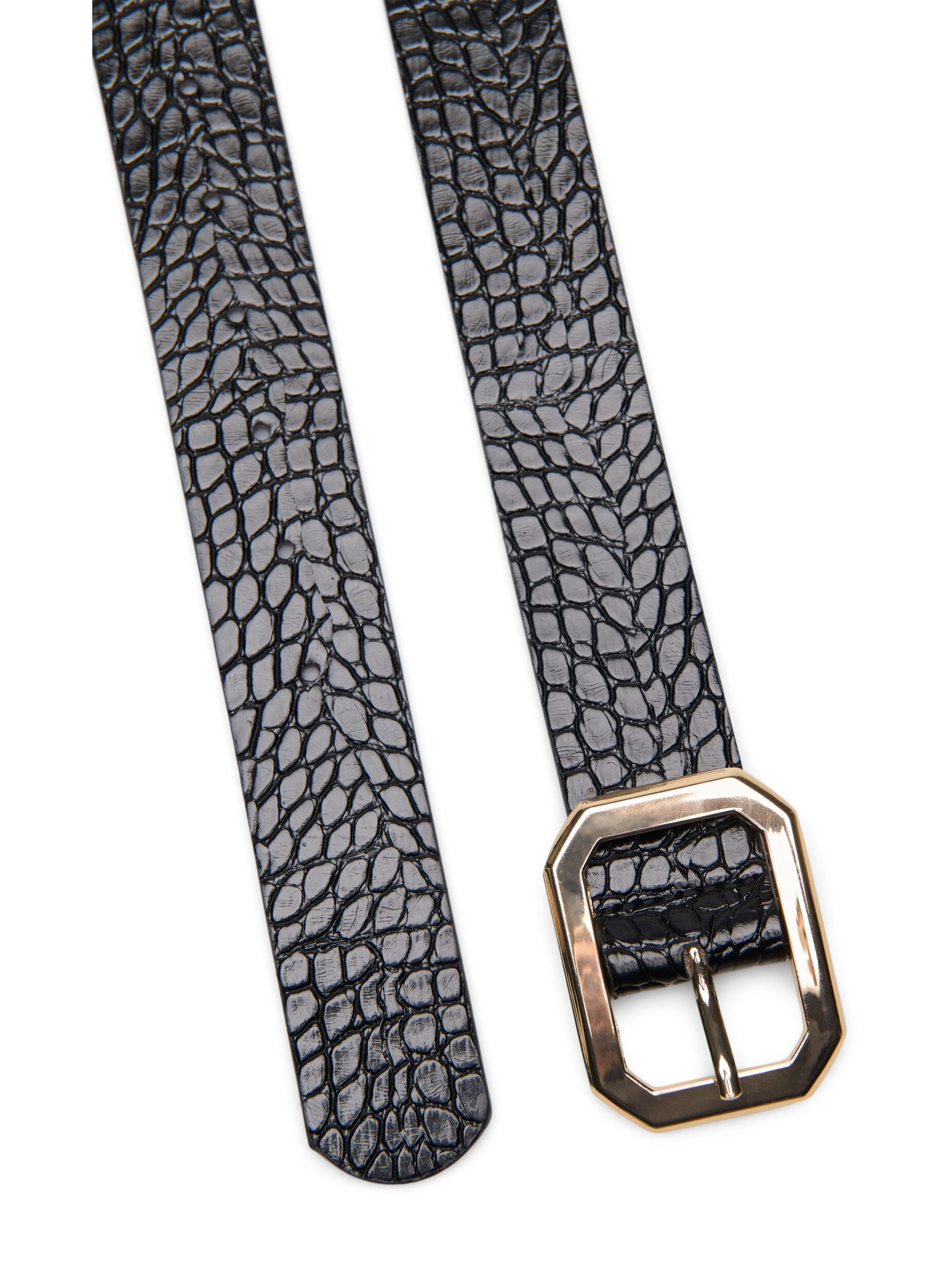 Zizzifashion Faux leather belt with croco pattern, Black w. Gold Buckle, Packshot image number 1