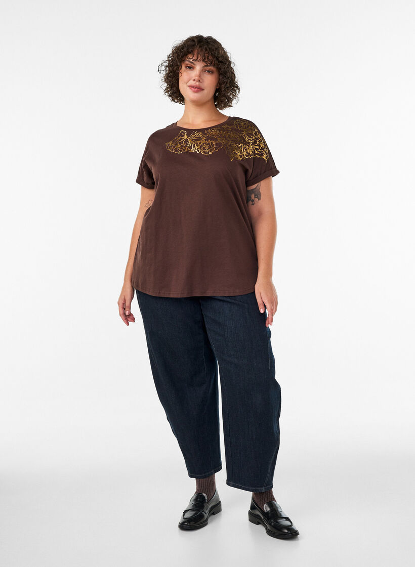Cotton T-shirt with floral print, Brown, Model image number 1