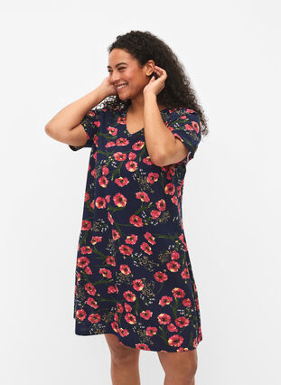 Short-sleeved cotton dress with floral print, Night sky Red flower, Model image number 0
