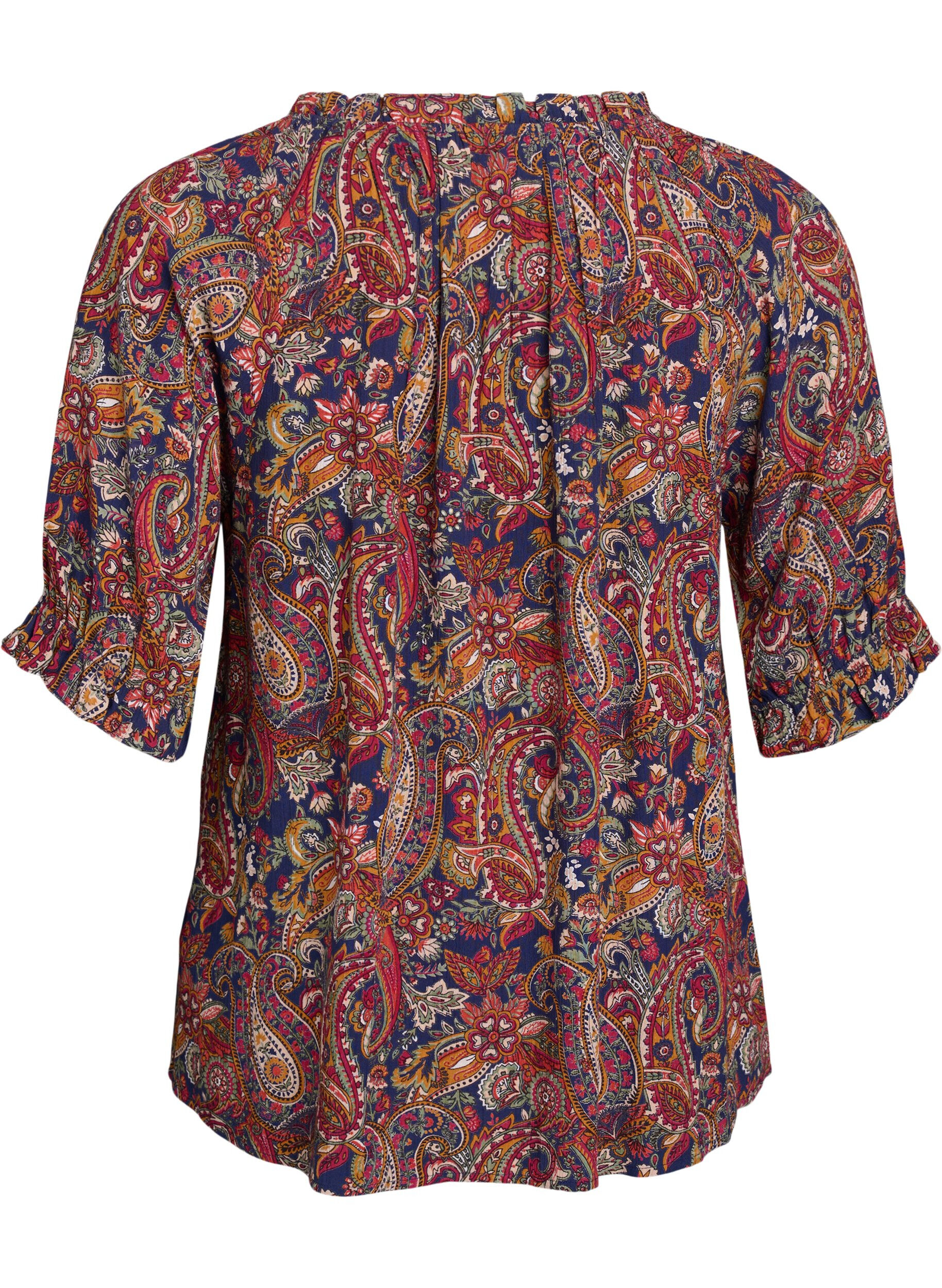 Zizzifashion Viscose blouse with paisley print and elbow length sleeves, Blue, Packshot image number 1