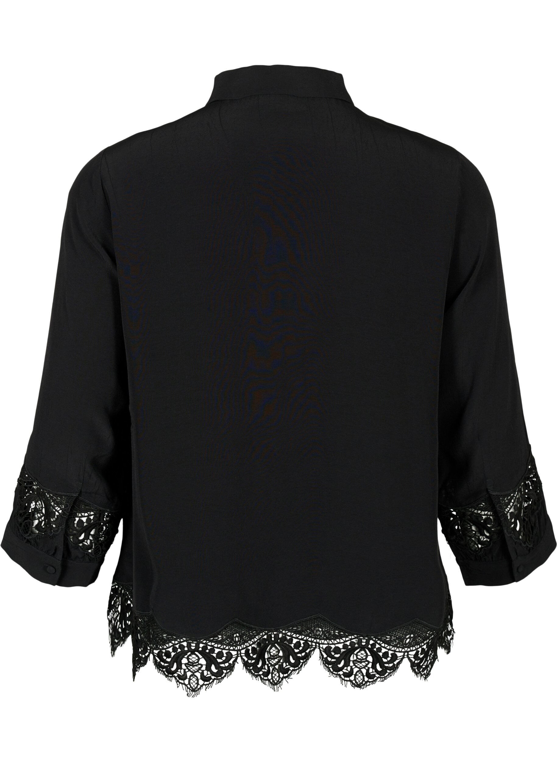 Zizzifashion Viscose shirt with 3/4 sleeves and embroidery details, Black, Packshot image number 1