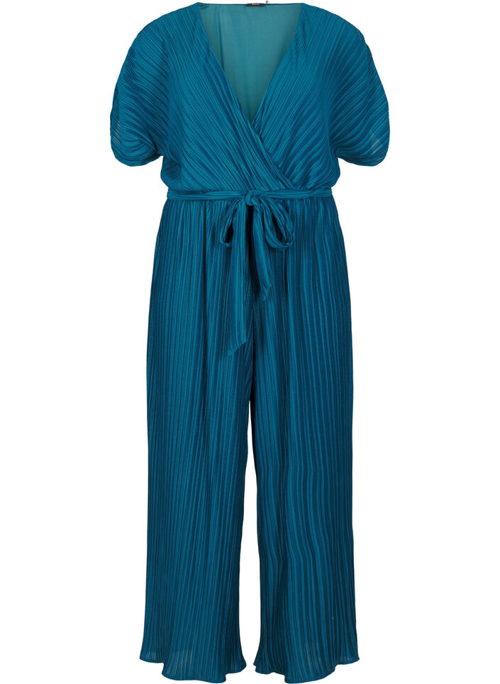 Pleated jumpsuit with tie and wide sleeves, Blue, Packshot image number 0