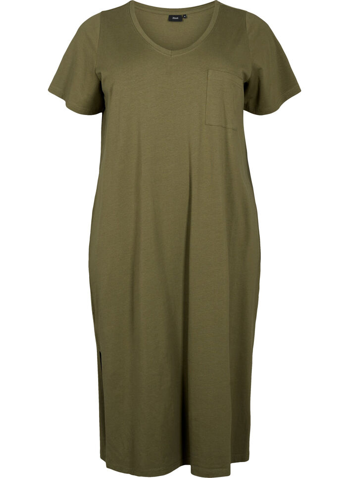 Short sleeve cotton dress with slit, Ivy Green, Packshot image number 0
