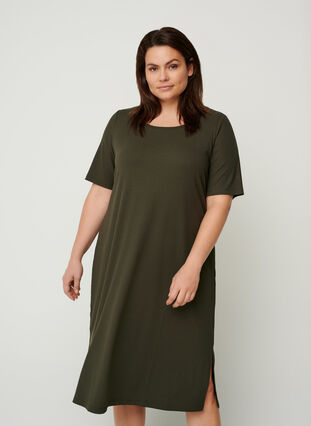 Short-sleeved ribbed dress, Dark Green, Model image number 0
