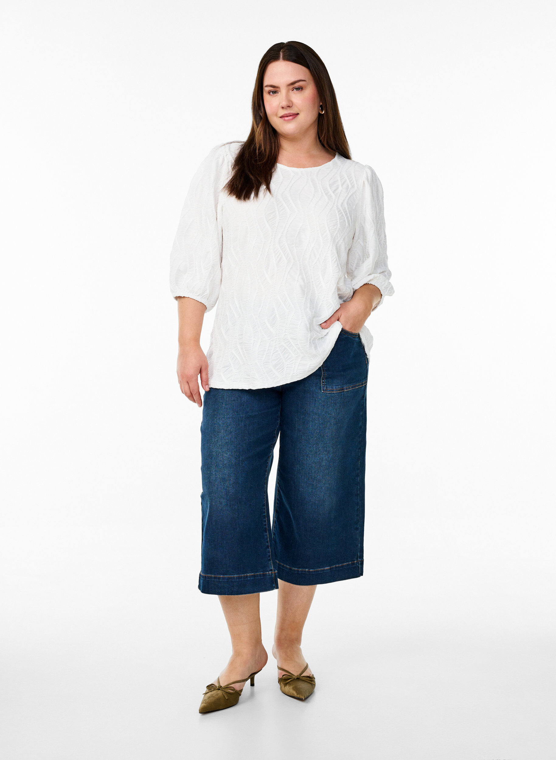 ZizzifashionBlouse with texture and 3/4 sleeves, White, Model image number 1