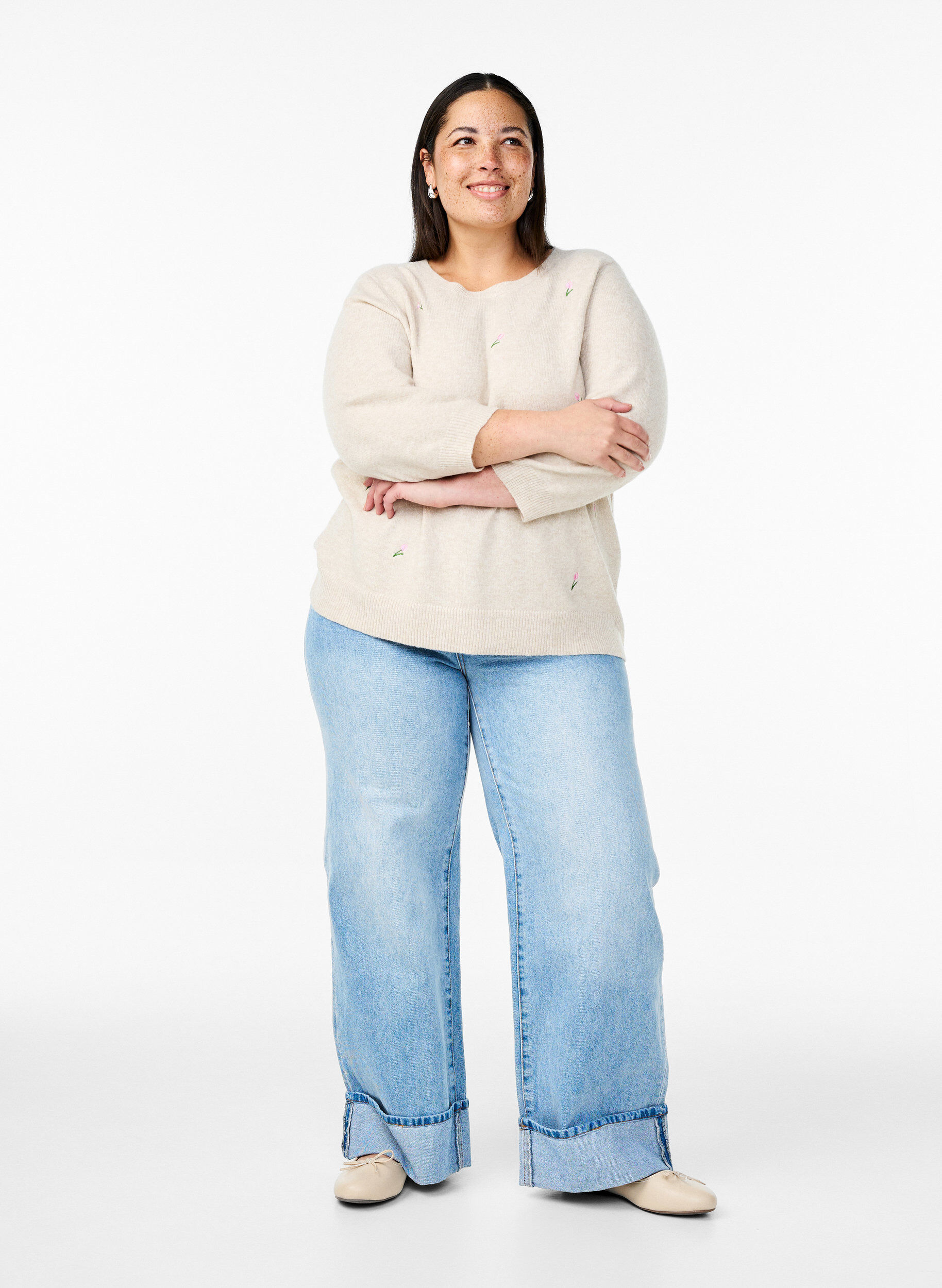 Zizzifashion Knitted blouse with flowers and 3/4 sleeves, Pumice Stone Mel., Model image number 2