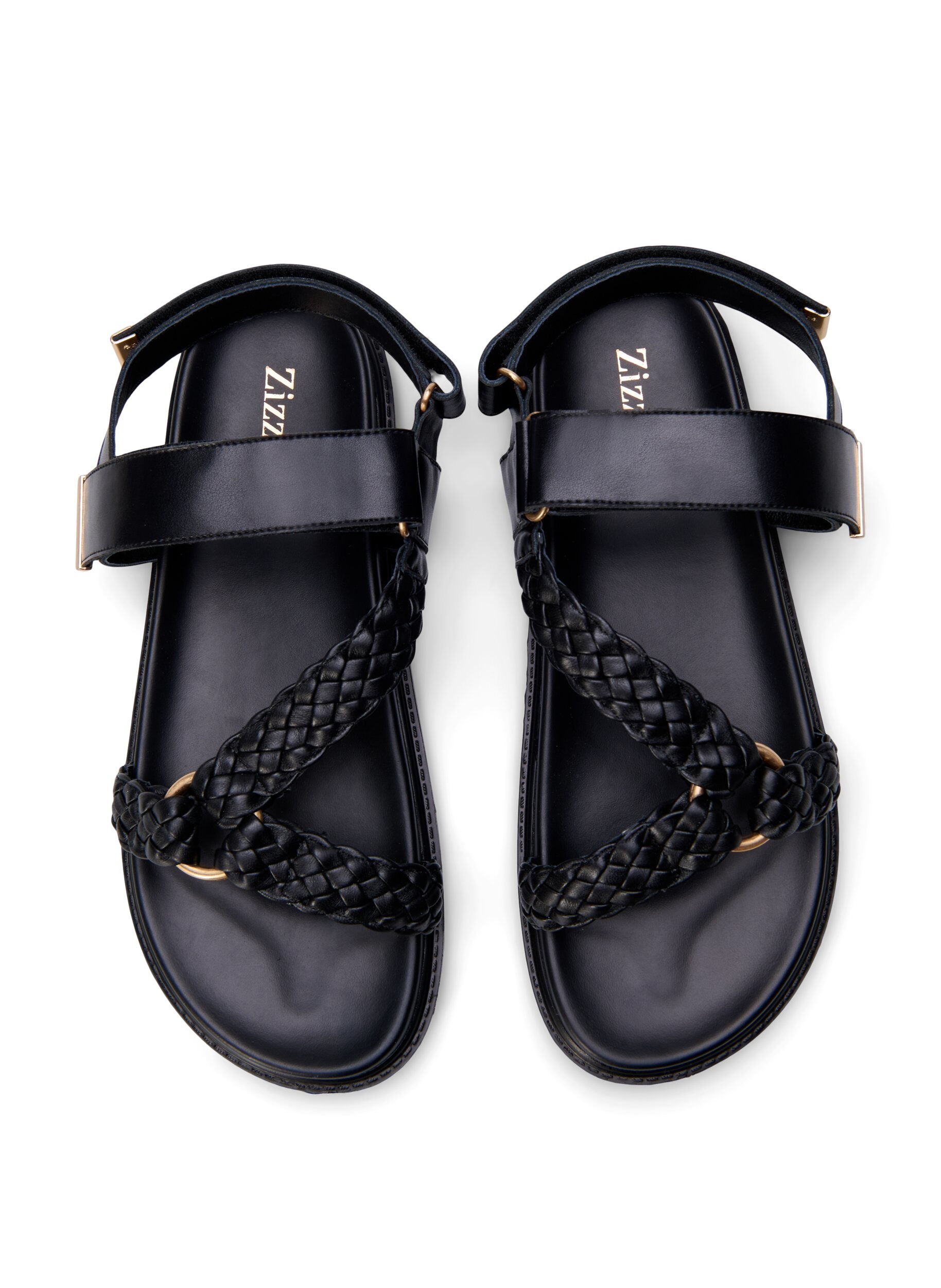 Zizzifashion Leather sandal with braided straps and wide fit, Black, Packshot image number 2