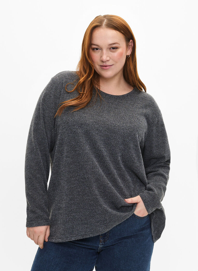 Melange blouse with round neck and long sleeves, Dark Grey, Model image number 0