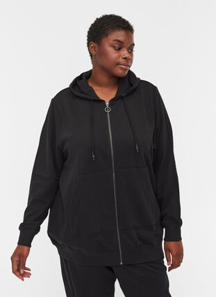 Sweat cardigan with hood and pocket, Black, Model image number 0