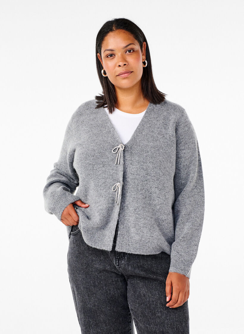 Knitted cardigan with a silver bow, Medium Grey Melange, Model image number 0