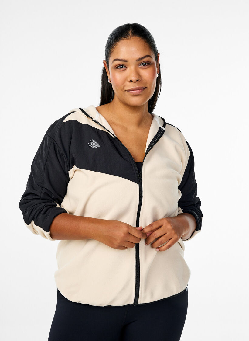 Fleece jacket with hood and pockets, Beige, Model image number 0