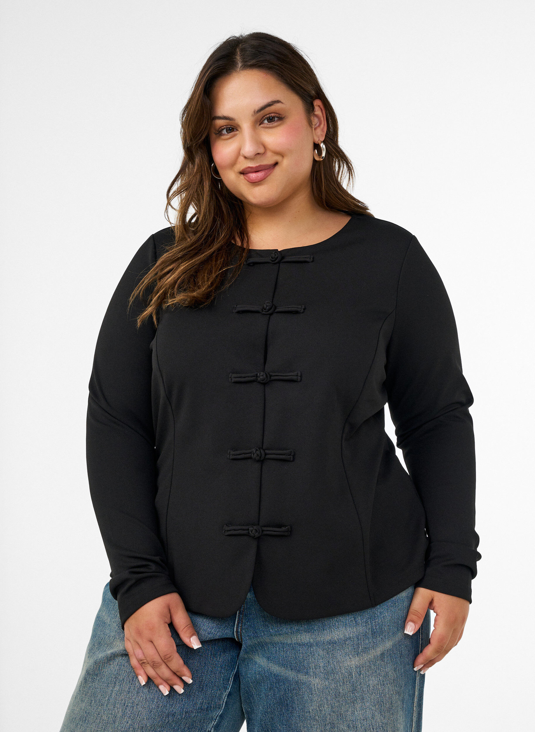 Fitted cardigan with knot fastenings, Black, Model