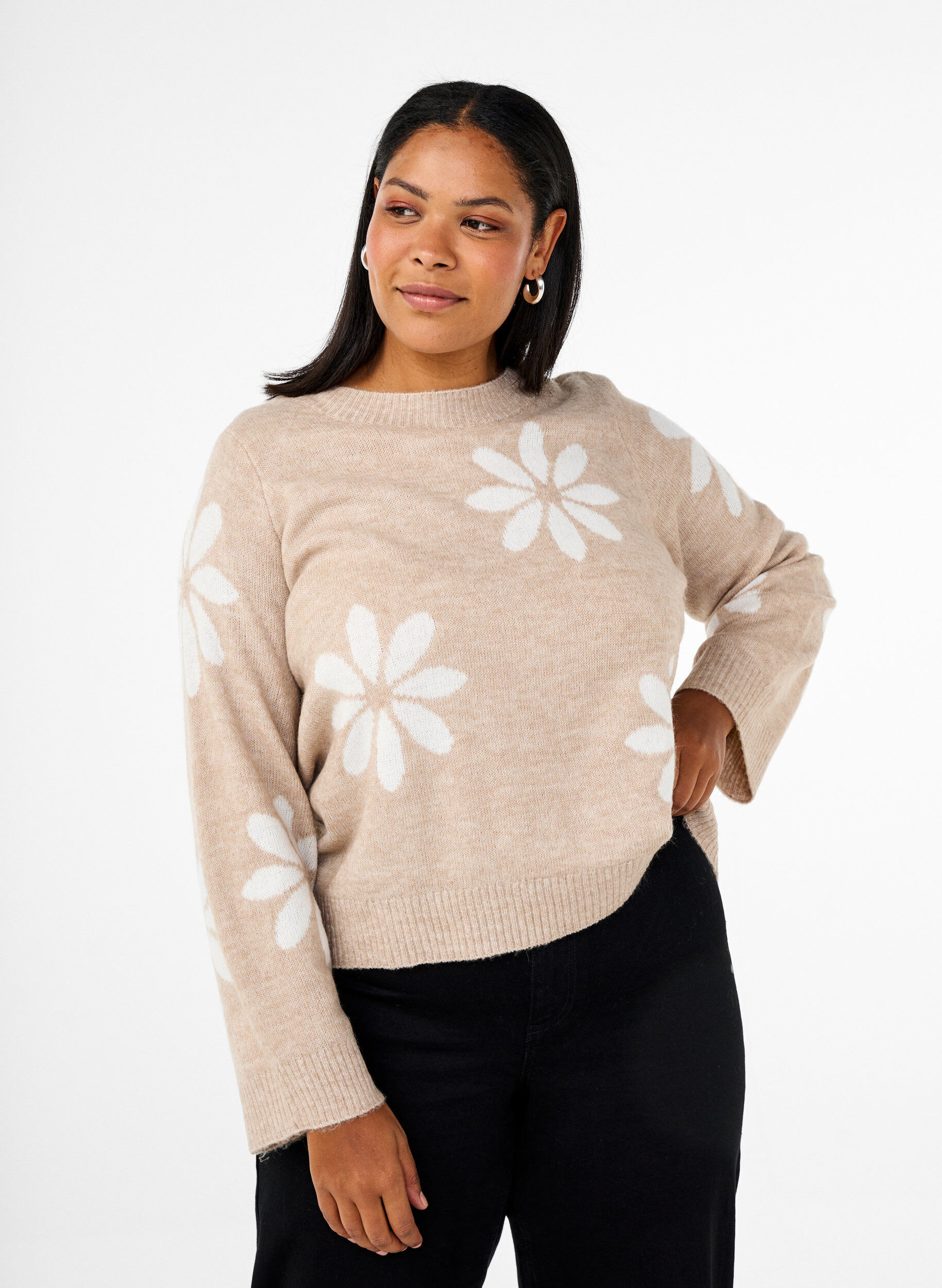 Zizzifashion Knitted blouse with flowers, Simply Taupe Comb, Model image number 0