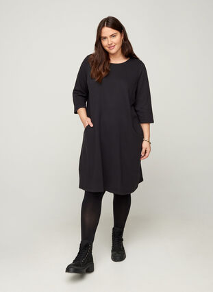 A-line cotton sweater dress with pockets, Black, Model image number 2