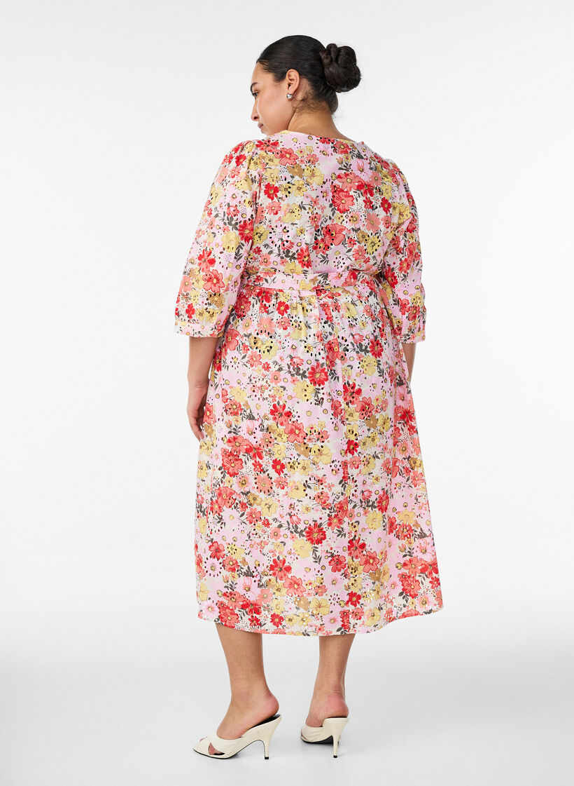 Floral midi dress with broderie anglaise and a tie-belt, Rose, Model image number 1