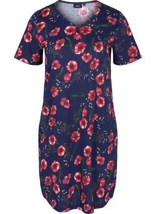 Short-sleeved cotton dress with floral print, Night sky Red flower, Packshot image number 0