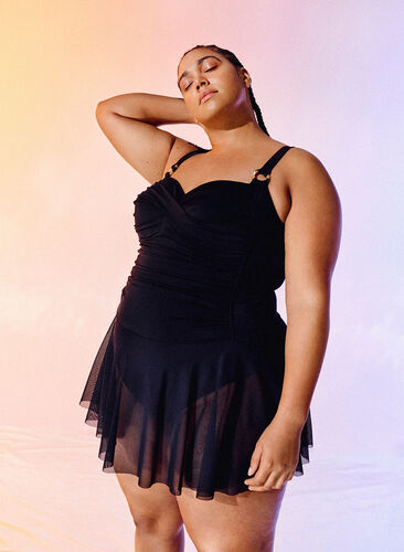 Swim dress with draping and skirt, Black, Image image number 0