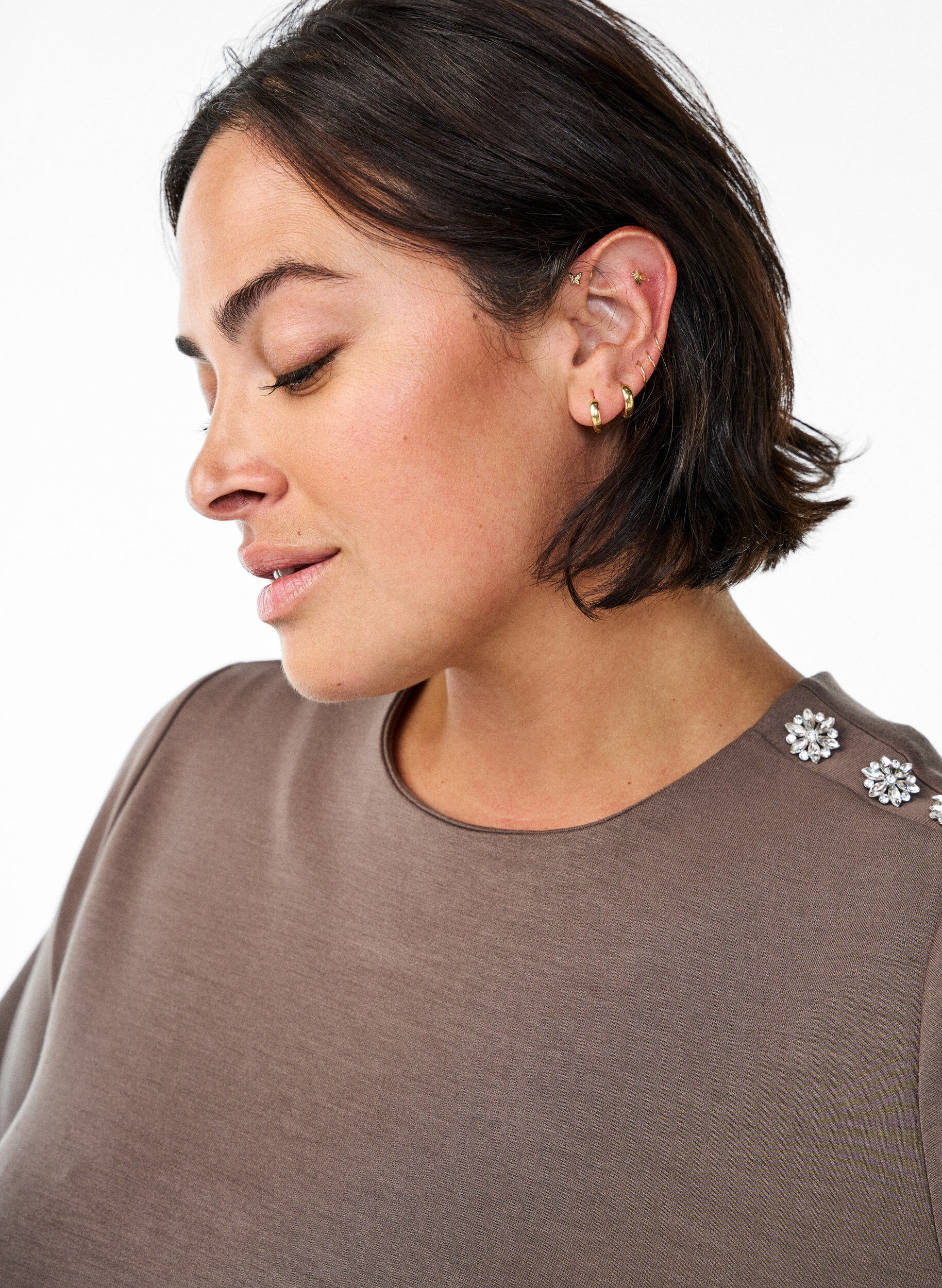 Zizzifashion Short sleeve blouse with a button detail, Brown, Model image number 3