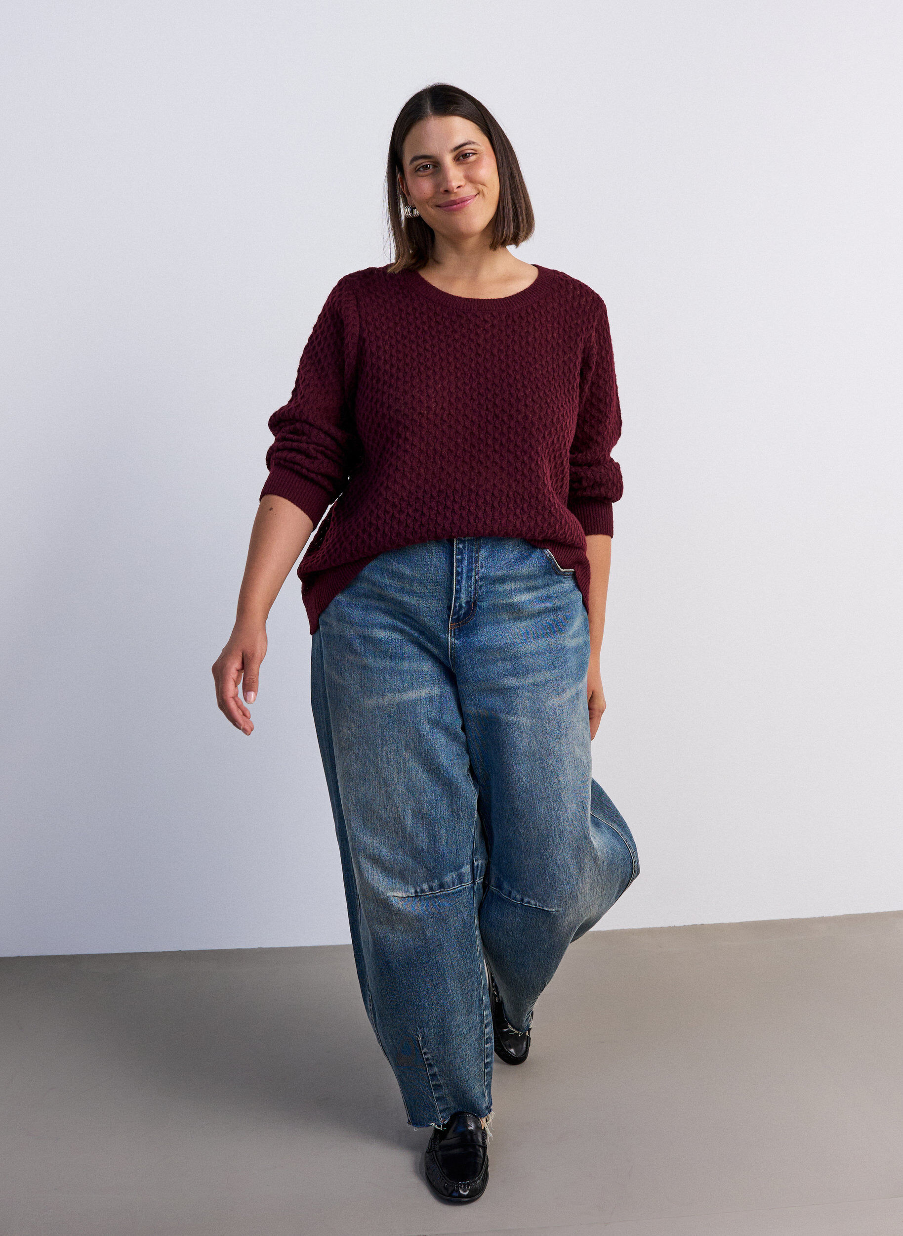 ZizzifashionKnitted blouse with a textured openwork pattern, Red, Model image number 1