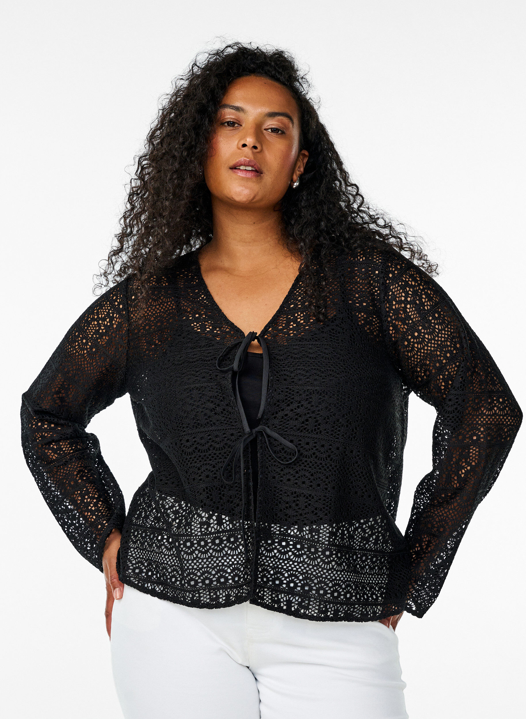 Zizzifashion Cardigan with openwork pattern and tie strings, Black, Model image number 0