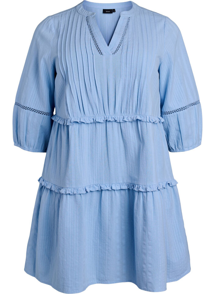 3/4 sleeve cotton dress with ruffles, Light Blue, Packshot image number 0