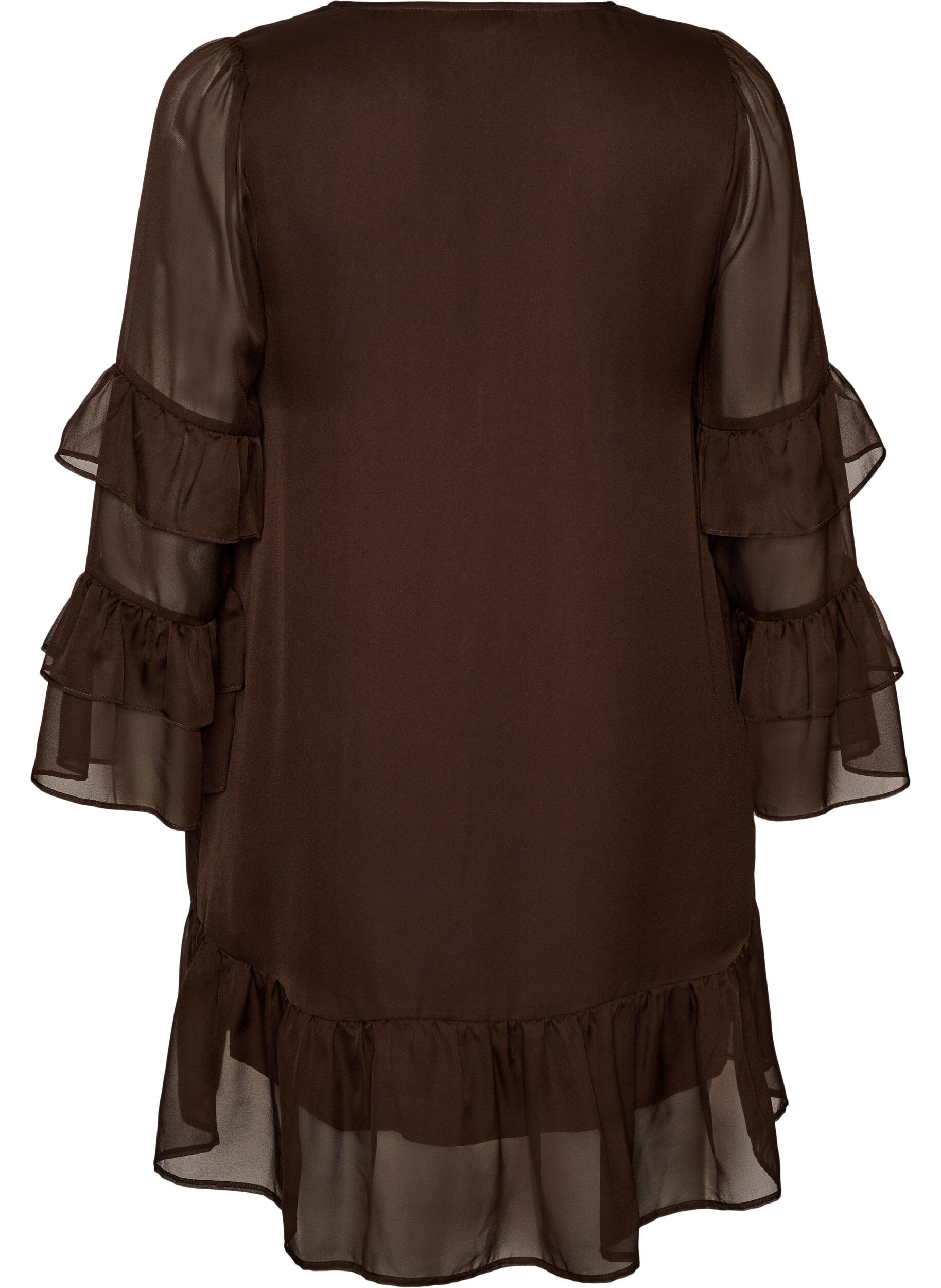 ZizzifashionShort dress with sheer ruffle sleeves, Brown, Packshot image number 1