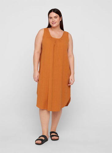 Sleeveless cotton dress in an A-line cut, Mustard As sample, Model image number 0