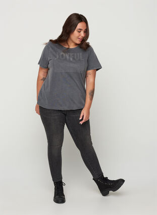 Cotton t-shirt with studs and smocking, Grey Wash, Model image number 2