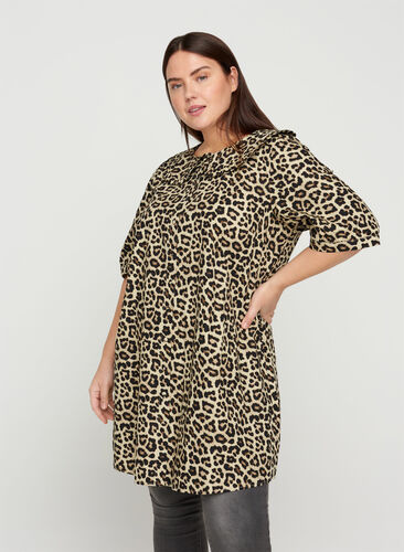 Short-sleeved cotton tunic with leopard print, Oyster Grey AOP, Model image number 0