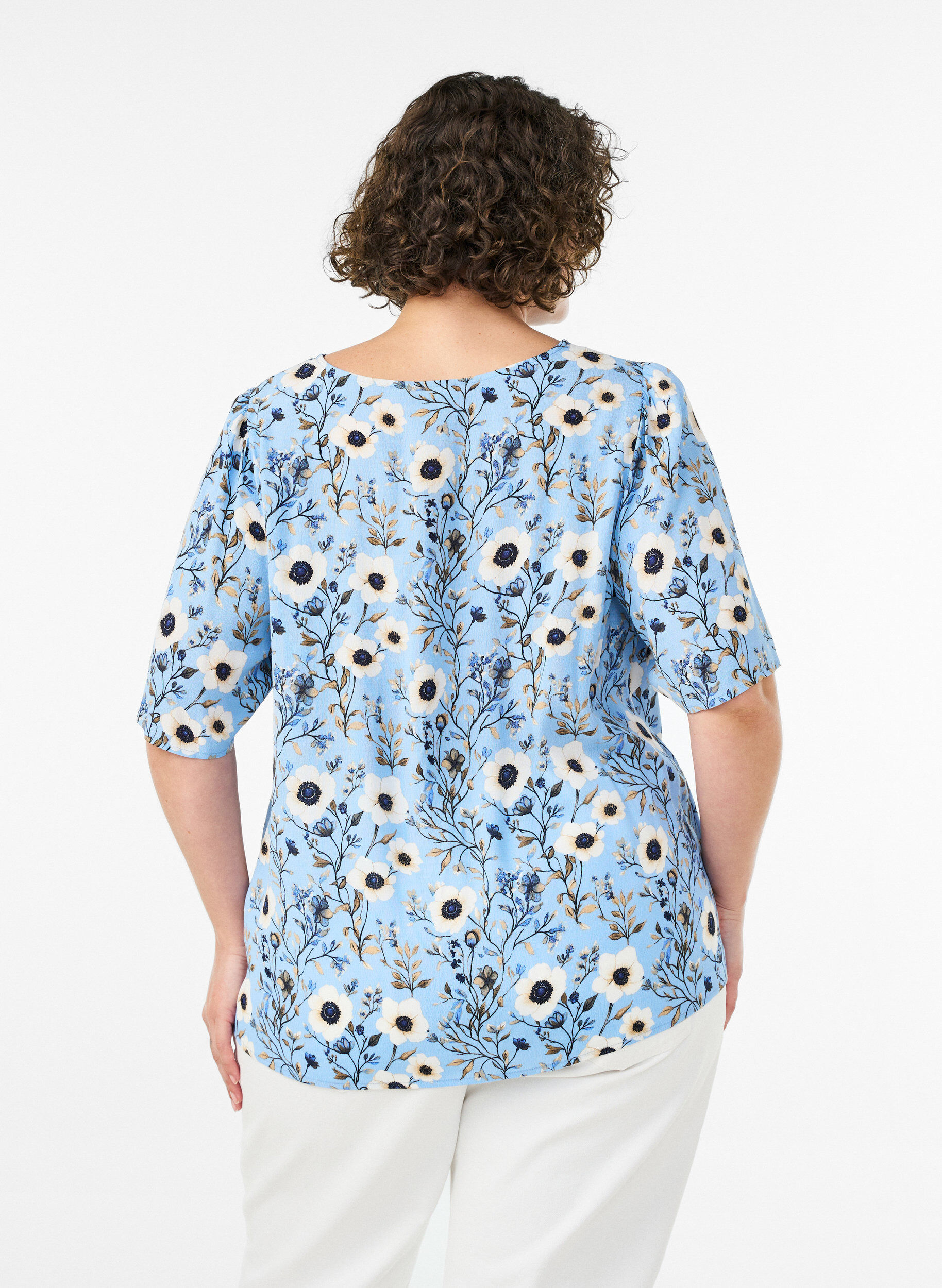 ZizzifashionFloral blouse with short sleeves, Blue, Model image number 2